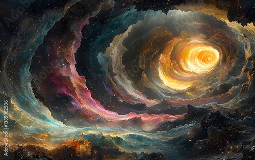 A surreal liquid galaxy swirling with deep cosmic hues, radiant nebula-like formations seamlessly blending into fluid abstract textures, glowing reflections enhance depth and dimension