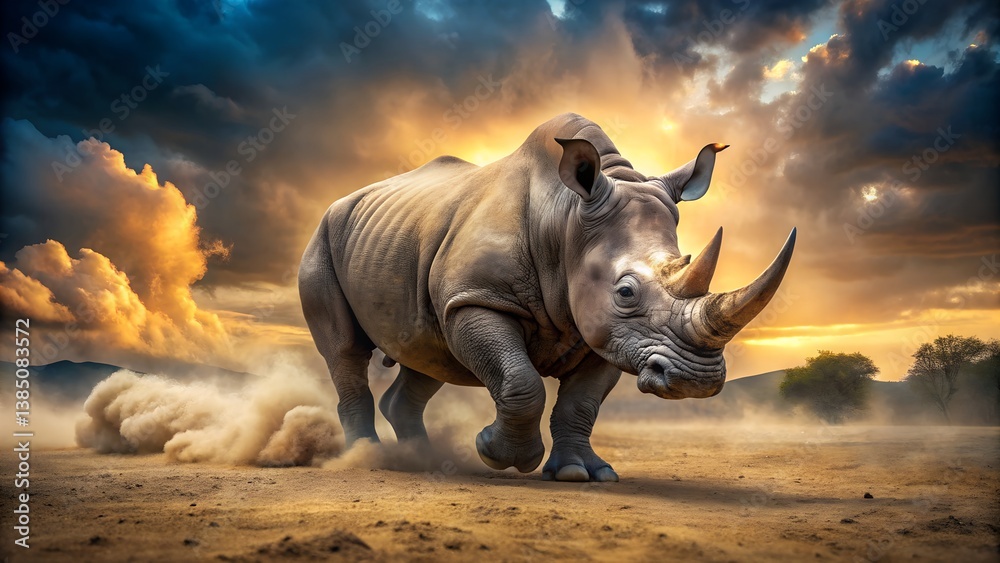 Fototapeta premium A Powerful Rhinoceros in a Dynamic Pose, Ready to Charge