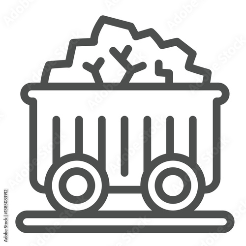 Trolley with coal on rails line icon, coal mining concept. Vector graphics. Coal cart wagon, transportation sign on white background, outline style icon for mobile or web design.