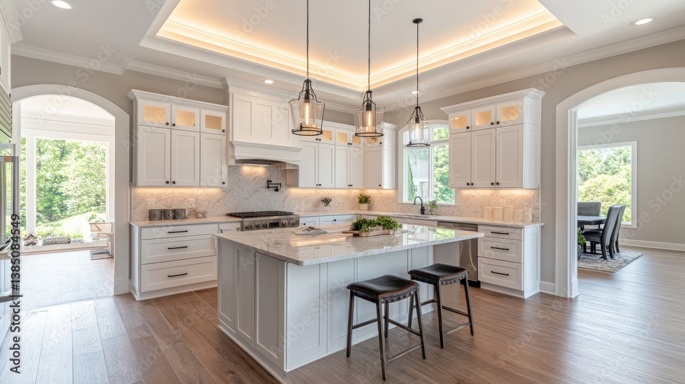 Modern kitchen, bright, open, island, view, spacious, family, light, luxury Modern kitchen, bright, open, island, view, spacious, family, light, luxury