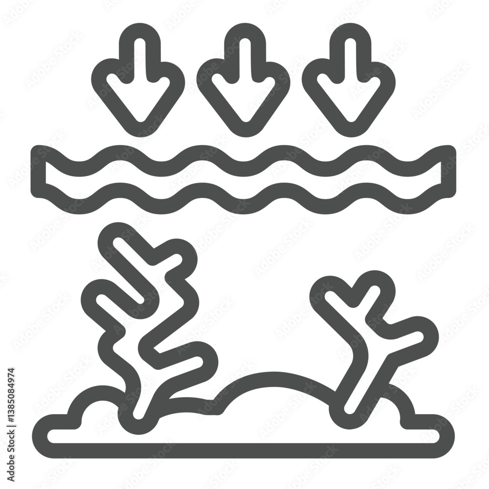 Water surface toxine with sea flora line icon, ecology pollution concept. Vector graphics. Underwater corals, pollution sign on white background, outline style icon for mobile or web design. Water surface toxine with sea flora line icon, ecology pollution concept. Vector graphics. Underwater corals, pollution sign on white background, outline style icon for mobile or web design.