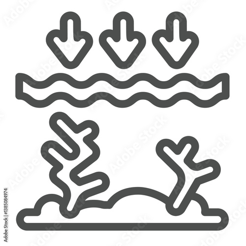 Water surface toxine with sea flora line icon, ecology pollution concept. Vector graphics. Underwater corals, pollution sign on white background, outline style icon for mobile or web design.