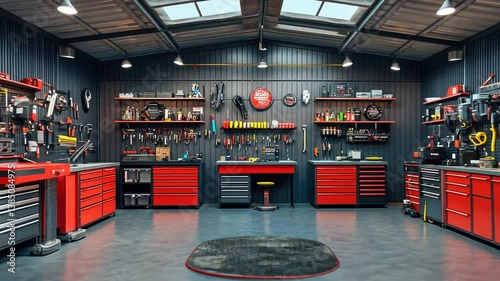Organized and well-lit workshop with red and black tool cabinets