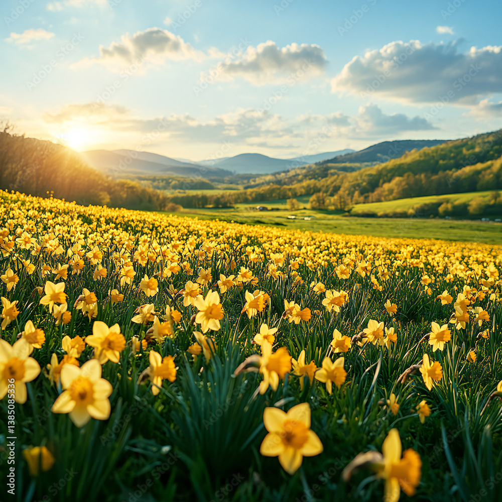 Fototapeta premium A blossoming springtime field with daffodils and songbirds in the air