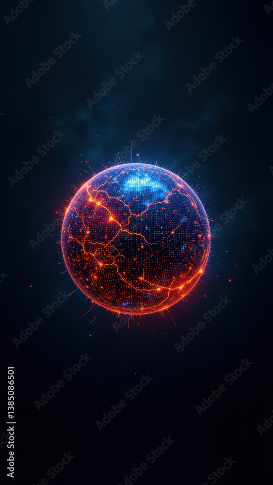 Fototapeta premium Cybersecurity concept with red globe on blue background, symbolizing data protection.
