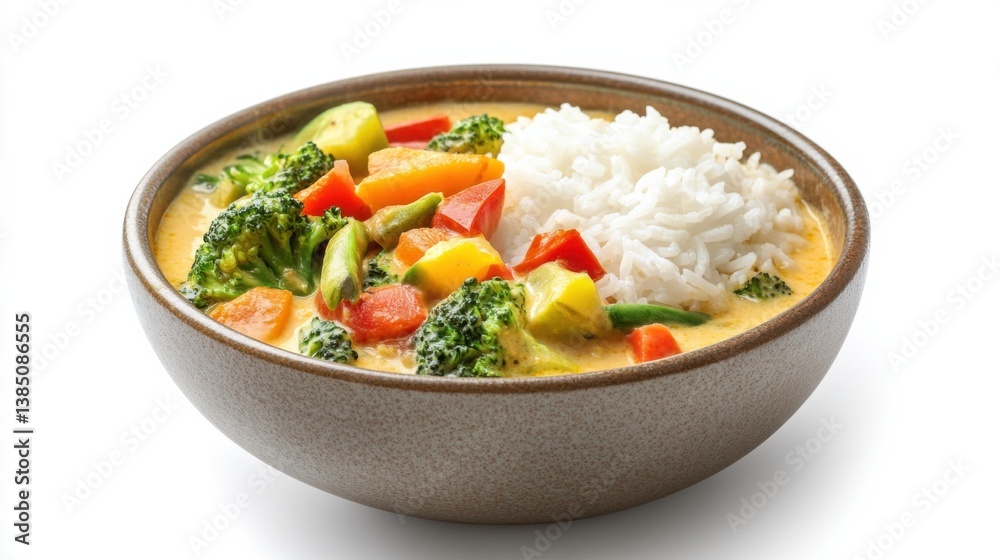 A bowl of creamy coconut curry with vegetables and rice. Featuring warmth and spice A bowl of creamy coconut curry with vegetables and rice. Featuring warmth and spice