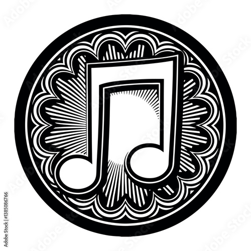 Abstract music note icon with circular vintage design in black vector style