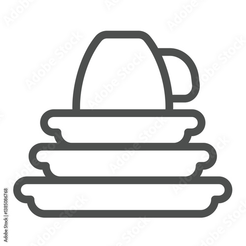 Three ceramic plates and cup line icon, culinary cooking concept. Vector graphics. Clean dishes, washing sign on white background, outline style icon for mobile or web design.