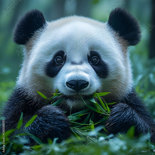 A close-up of a sleepy panda munching on bamboo in a lush forest setting