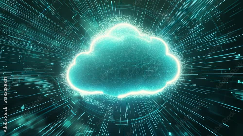 A futuristic cloud is formed with data streams radiating from its edges, representing digital connectivity and information flow
