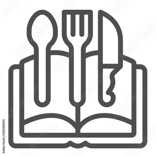 Utensil on recipe book for cooking line icon, culinary concept. Vector graphics. Cooker book with spoon, fork and knife sign on white background, outline style icon for mobile or web design.