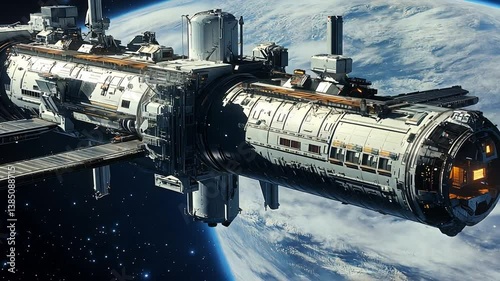 A digital rendering of a space station. It's cylindrical, with various modules and appendages against the backdrop of Earth.