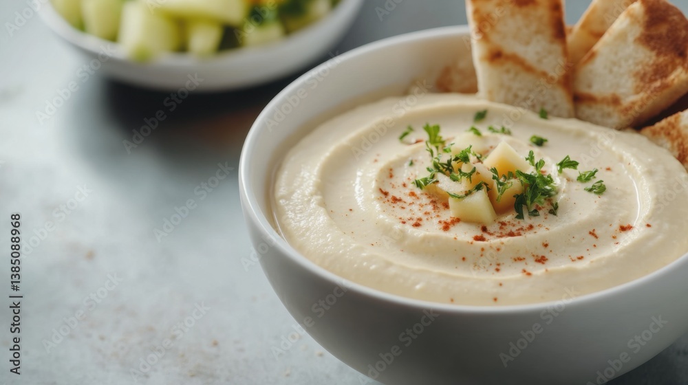 A bowl of creamy hummus with pita bread and vegetable sticks. Featuring flavor and nourishment A bowl of creamy hummus with pita bread and vegetable sticks. Featuring flavor and nourishment