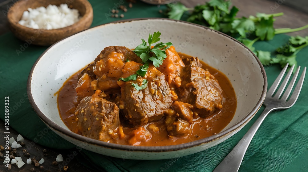 Middle Eastern lamb stew with tomatoes and spices, served in a traditional bowl Middle Eastern lamb stew with tomatoes and spices, served in a traditional bowl