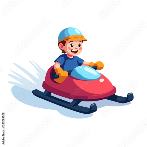 Cartoon boy joyfully riding a toy sled on a snowy background  