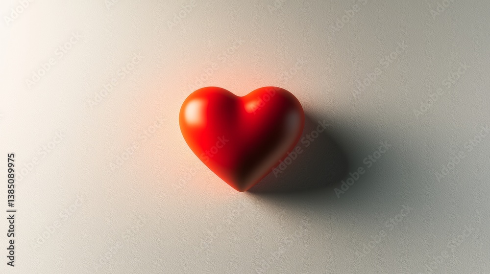 Fototapeta premium Vibrant red heart symbol resting on a smooth surface, reflecting soft light in a serene setting
