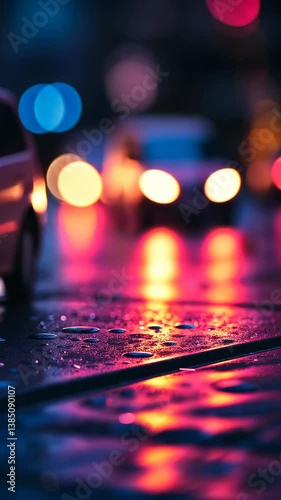 Wallpaper Mural Rain-soaked street reflecting colorful city lights during nighttime traffic Torontodigital.ca
