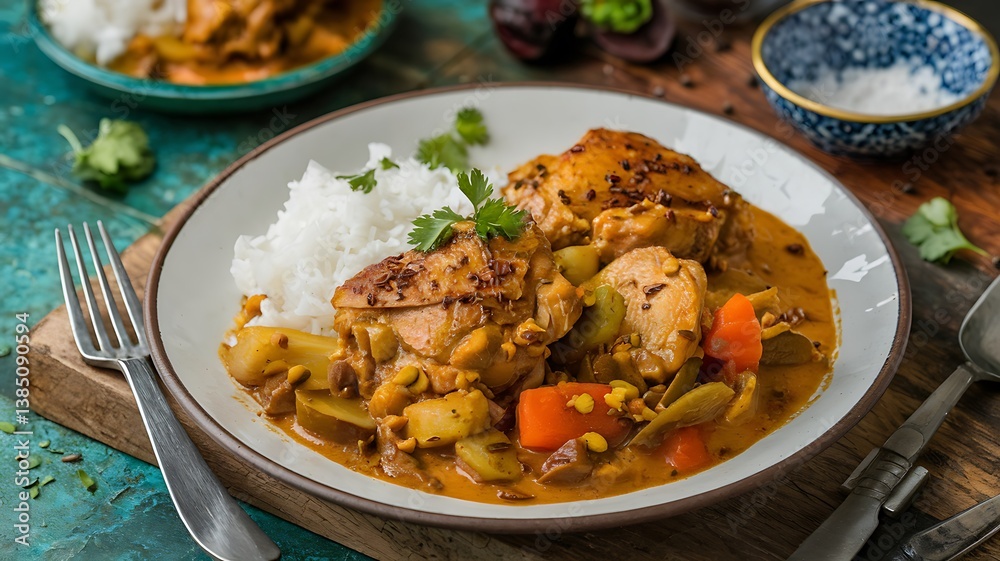 Chicken curry with vegetables and rice served in a bowl, garnished with herbs Chicken curry with vegetables and rice served in a bowl, garnished with herbs