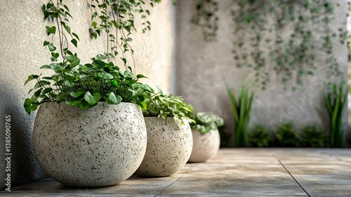 Verdant Oasis: Three ceramic planters of varying sizes are arranged, each brimming with lush, vibrant green plants that breathe life into a serene outdoor setting.