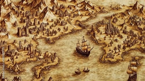 Vintage treasure map with ancient ships navigating through detailed seas and mountainous coastal landscapes, 4k video