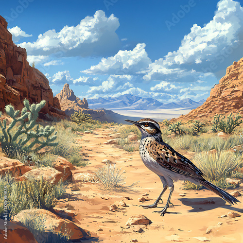 A desert landscape with a cactus garden and a roadrunner bird darting across the sand
