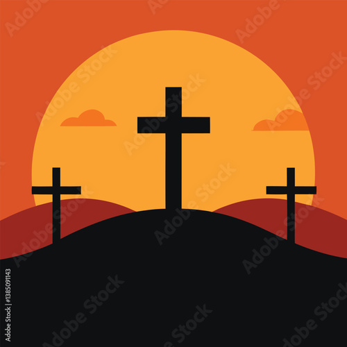 vector art of a cross on a hill against the sky during sunset symbolizing faith and resurrection