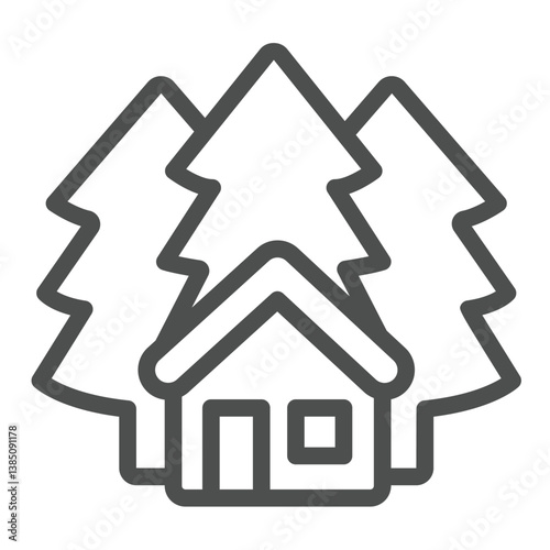 Forest watcher cabin line icon, eco tourism concept. Vector graphics. House and forest trees, forestry sign on white background, outline style icon for mobile or web design.