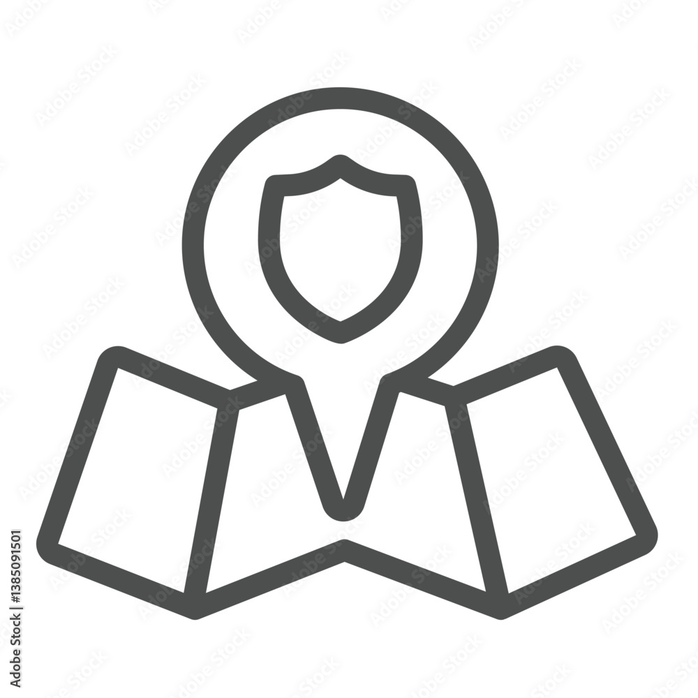 Folded map with location pin line icon, eco tourism concept. Vector graphics. Location with emblem, safety sign on white background, outline style icon for mobile or web design. Folded map with location pin line icon, eco tourism concept. Vector graphics. Location with emblem, safety sign on white background, outline style icon for mobile or web design.