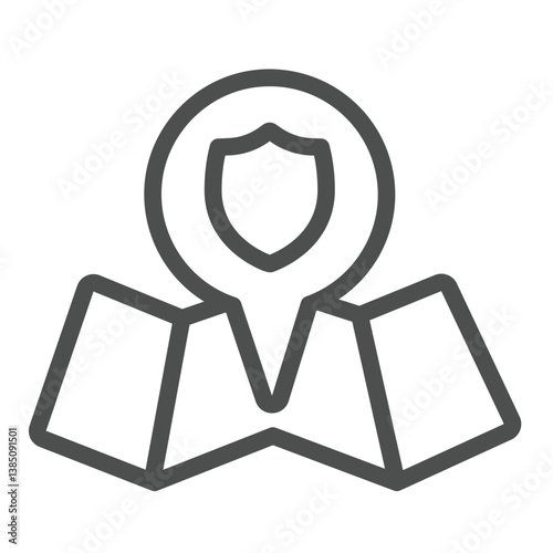 Folded map with location pin line icon, eco tourism concept. Vector graphics. Location with emblem, safety sign on white background, outline style icon for mobile or web design.
