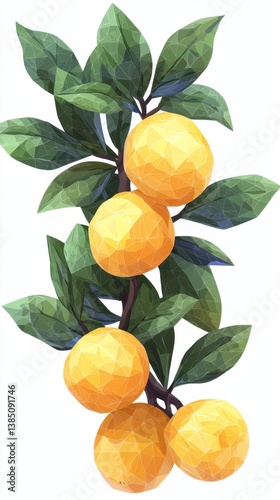 A vibrant low poly illustration depicts a marula tree branch laden with ripe, juicy yellow fruits, showcasing detailed polygonal leaves and a spreading branch structure against a