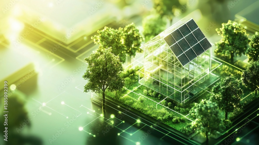 Fototapeta premium Picturesque house surrounded by lush green trees representing a sustainable living environment for a renewable energy company