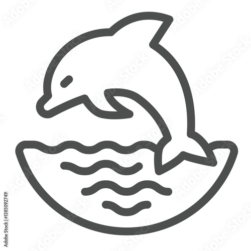 Dolphin jump at sea line icon, eco tourism concept. Vector graphics. Sea animal with water waves, wildlife sign on white background, outline style icon for mobile or web design.
