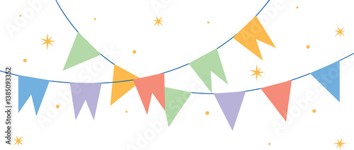 Decoration of Celebration and happy season banner. Flags of colorful ribbons with stars.