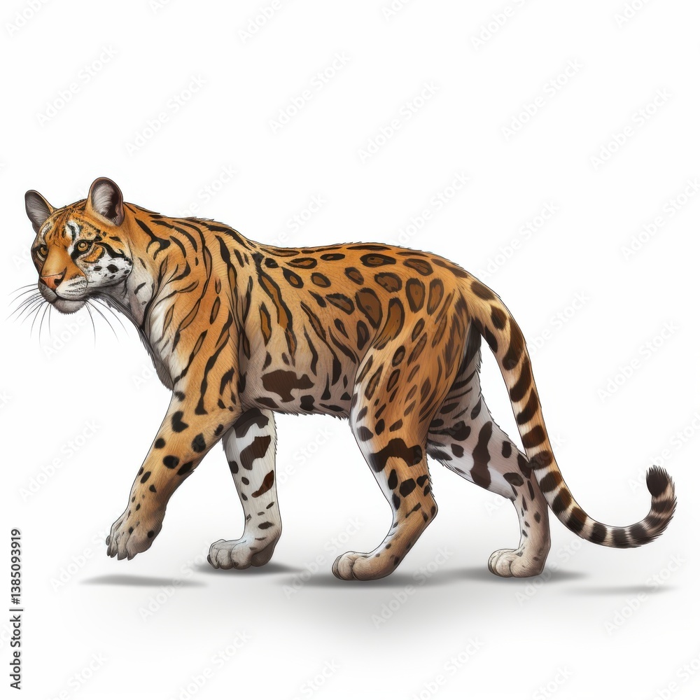 Obraz premium A striking low poly illustration depicts an ocelot, a wild feline with intricate geometric patterns, showcasing its sleek body and elegant gait against a stark white background.
