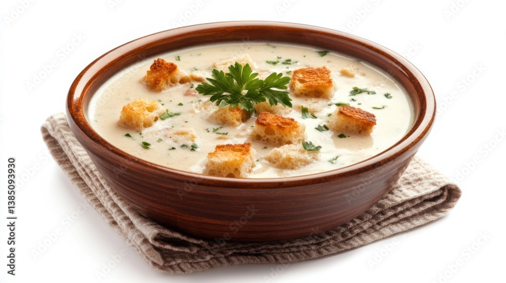 A bowl of creamy soup with croutons and a sprig of parsley. Featuring comfort and warmth A bowl of creamy soup with croutons and a sprig of parsley. Featuring comfort and warmth