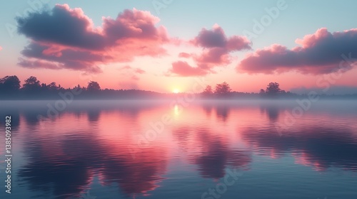 A tranquil lake reflecting a pastel-colored sky, soft mist floating above the water, creating a dreamy and peaceful landscape at dawn