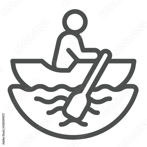 Kayak boat with man line icon, water sport concept. Vector graphics. Human in canoe boat, kayaking sign on white background, outline style icon for mobile or web design.