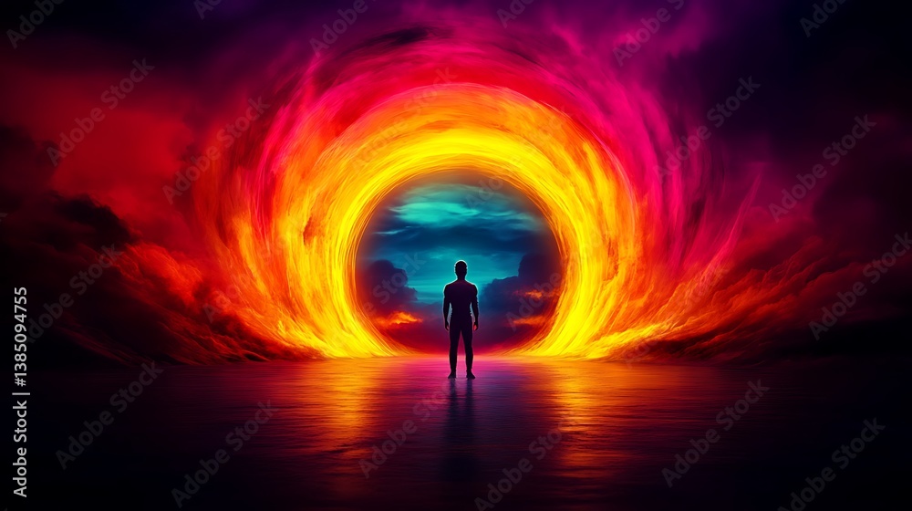 Man Facing Fiery Portal with Surreal Dreamscape. Man Facing Fiery Portal with Surreal Dreamscape.