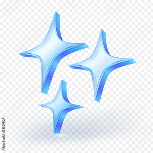 Glass blue sparkle stars icon on transparent background. shiny, glowing star effects 3D. Perfect for decoration, UI elements, magic effects. Vector illustration file.