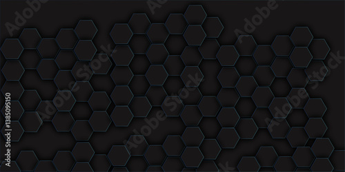 black Hexagonal Background. Luxury black Pattern.  vector illustration geometry science and technology cover web  honeycomb . Hexagonal grid tile and mosaic structure mess cell.