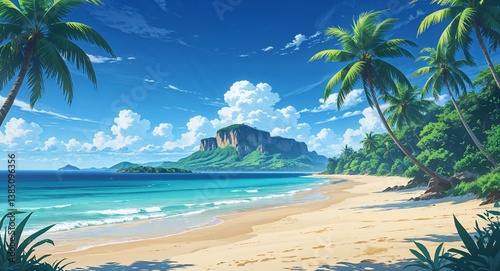 Wide panoramic view of a pristine beach with a distant island in the background anime cartoon style illustration artwork design background