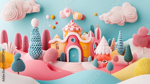 Whimsical Candy-Colored House in a Dreamlike Landscape