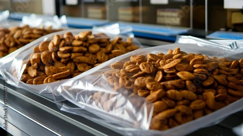 Small, roasted, light brown, oval-shaped snacks in clear plastic bags on a conveyor belt