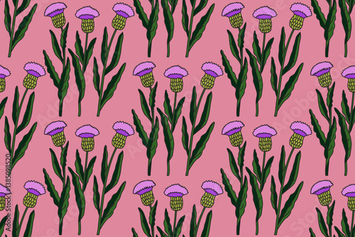 Botanical floral seamless pattern with cornflowers vector illustration. Repeating flowers with green leaves in pink background. Graphic design for Fashion Cover Textile Birthday Greeting Card Print