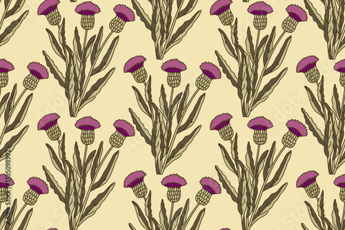Botanical floral seamless pattern with cornflowers bouquet vector illustration. Repeating pink flowers with brown leaves in beige background. Graphic design for Fashion Cover Textile Wedding Birthday