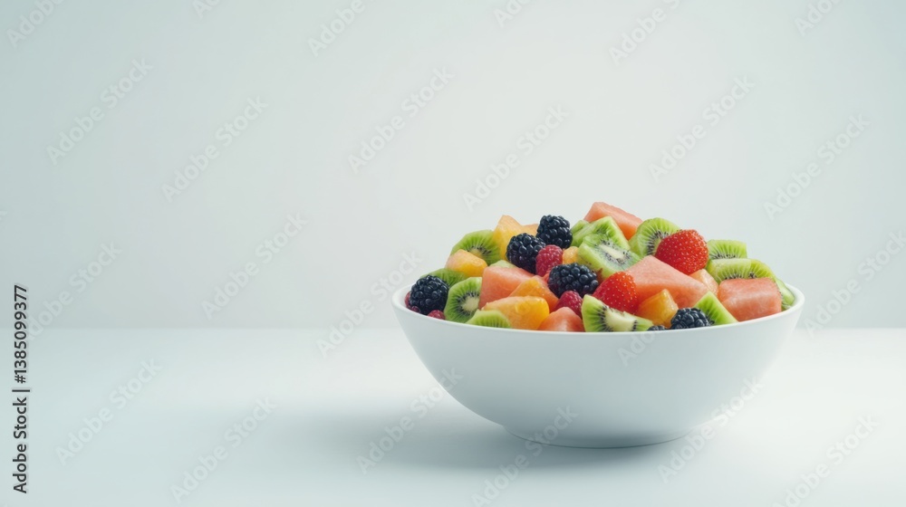 A bowl of fresh fruit salad with melons, berries, and kiwi. Featuring freshness and color A bowl of fresh fruit salad with melons, berries, and kiwi. Featuring freshness and color