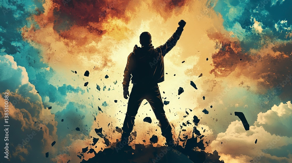 Naklejka premium Victory poster showcasing resilience and strength against adversity in a dramatic sky setting