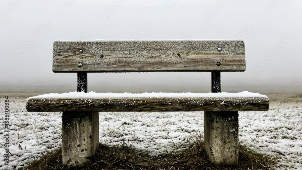 Wooden bench covered in snow during a foggy winter morning in a serene field landscape