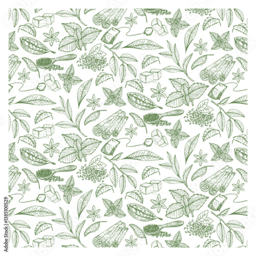 tea doodle element tea leaf and teapot seamless pattern background