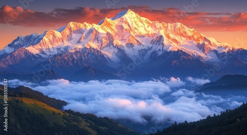 The snow-covered mountains of the Alps stand tall under the setting sun, with golden light shining on them and clouds floating in front of it. The sky is a pinkish-orange.